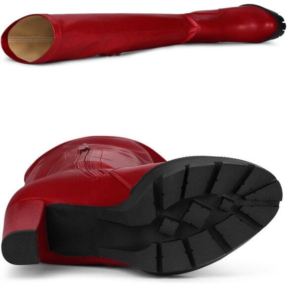 Women's Red Platform Boots Chunky Heel Over Knee High Rounded Toe Long Boots - Picture 6 of 6